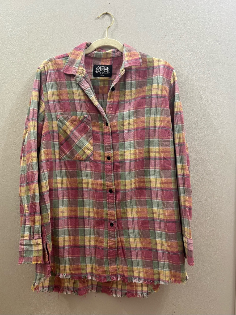 One 24 Vintage-Inspired Pink Plaid Flannel Shirt
